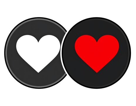 Two intertwined dark circles feature a white and a red heart symbol, each centered, with the circles overlapping slightly. They are on a plain white background