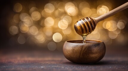 Golden honey dripping from a wooden dipper into a small rustic bowl