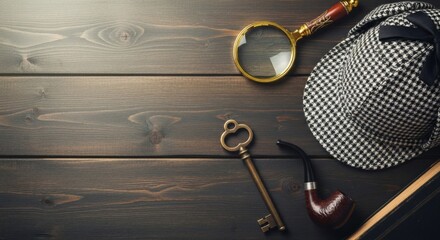 Mystery Unveiled Sherlocks gear on rustic wood background.