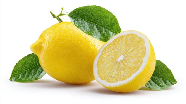 Fresh lemon half with leaves cut and isolated on white background