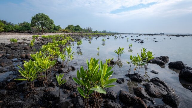 Fresh mangroves on a rocky Indonesian beach in Tuban - Powered by Adobe