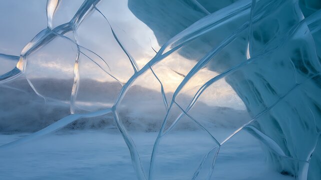 Cracked ice formations with sunlight filtering through the landscape