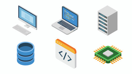 Isometric Computer Network Components Technology and Development for Web Development and Data Science with Desktop Laptop Server Database Coding and Microchip