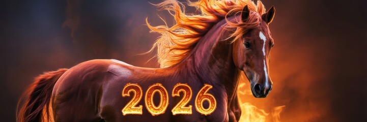 A banner with a fiery red horse on a dark background, its mane turns into a bright flame. The year 2026 is highlighted in fiery orange font at the bottom.