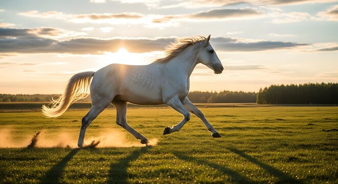 Majestic white horse galloping across a golden field at sunset equine beauty in motion stock photo