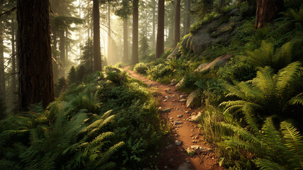 Fototapeta premium 森の小道が光に包まれる精緻な幻想風景描写