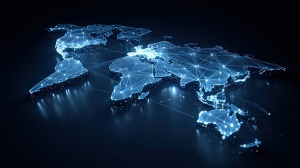 A digital map of the world illuminated by blue lights, showcasing interconnected nodes and lines, symbolizing global connectivity and technology.