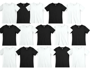Assortment of white and black t-shirts neatly arranged