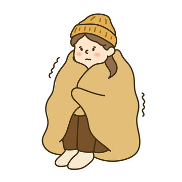 毛布にくるまって震える女性のイラスト