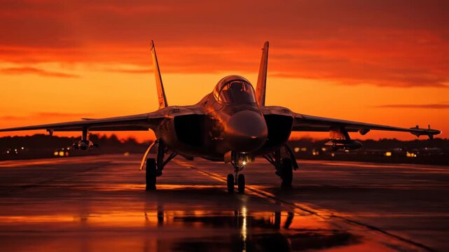 Fighter jet f-14 tomcat standing on a military runway tarmac with landing lights illuminated, reflecting the vibrant orange sky during a dramatic sunset, symbolizing power, defense, and aviation