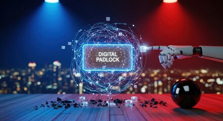 Digital Padlock Futuristic Concept: Holographic Security Sphere with Robotic Hand in Neon-Lit Night Cityscape