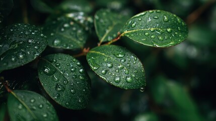 Fresh vibrant green leaves soaked in rain
