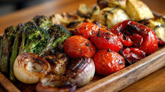Fresh vegetable chunks accompany grilled red peppers spiced tomatoes and sautéed onions on a wooden board presenting a colorful and tasty dish