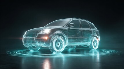 Rotating Digital Car Hologram Showcasing Smart Diagnostics in an Innovative Tech Environment