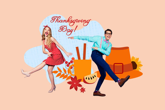 Composite photo 3d collage of two happy girl guy dance together thanksgiving day autumn holiday pumpkin pie holiday tradition