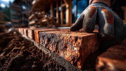 Craftsman carefully laying red bricks for beautiful home construction project with gloved hand, showcasing quality and precision in outdoor renovation work