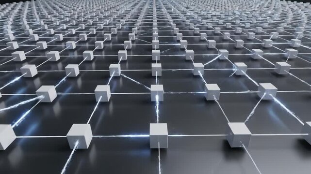 Interconnected Network of White Cubes - This video depicts a grid of white cubes connected by thin white lines, forming a network.