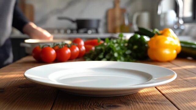 Fresh Ingredients for Cooking - An empty white plate sits on a wooden kitchen counter, ready to be filled with colorful ingredients.