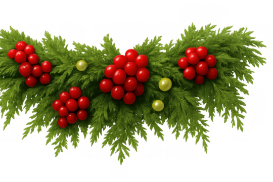 Christmas garland decoration with red berries and green pine branches featuring a transparent background, festive holiday season element
