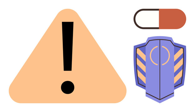 Triangular caution sign with bold exclamation mark, medicine capsule in two colors, and shield with striped details. Ideal for health warning, safety, medical risk, protection, prevention, cautionary