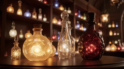 Apothecary shelves showcase an array of diverse glass bottles and decanters filled with glowing colorful liquid, creating a mysterious and enchanting atmosphere in a magical setting - Powered by Adobe