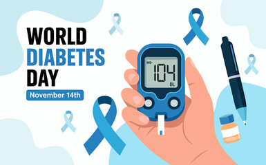 World Diabetes Day Banner with Glucometer and Blue Ribbons Celebrating Health and Awareness on November 14th