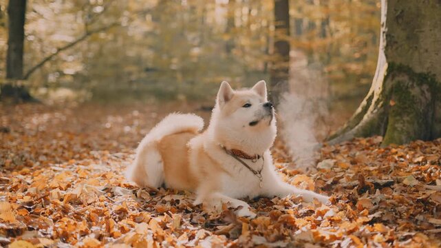 portrait of cute Japanese Akita puppy in autumn forest 