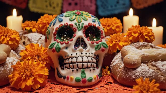Day of the Dead Altar - This close-up shows a traditional Day of the Dead altar featuring a decorated sugar skull with glitter eyes, surrounded by marigold flowers and "pan de muerto" bread shaped