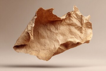 Textured crumpled brown kraft paper piece with torn edges floating against a light background