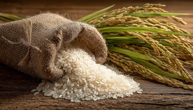 AI generator images of  Jasmine white rice on sack and harvested yellow rip rice paddy, harvest rice and Thai jasmine rice (white rice) and rice paddy in sack on wooden .food grains cooking concept

