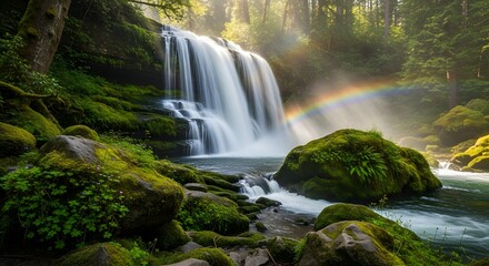 Fototapeta premium Beautiful waterfall landscape with rainbow in lush green forest nature scenic travel destination