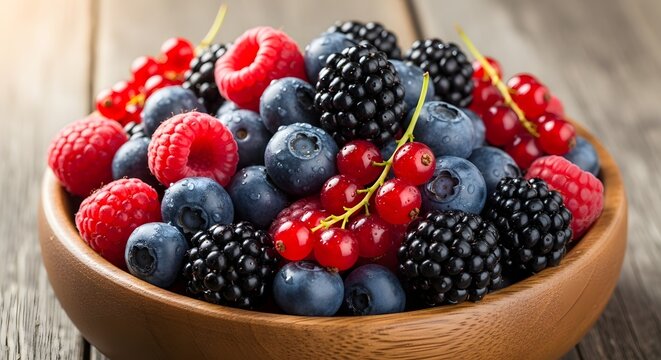 Fresh assorted berries in wooden bowl delicious healthy food antioxidant rich nutrition summer fruits mix diet