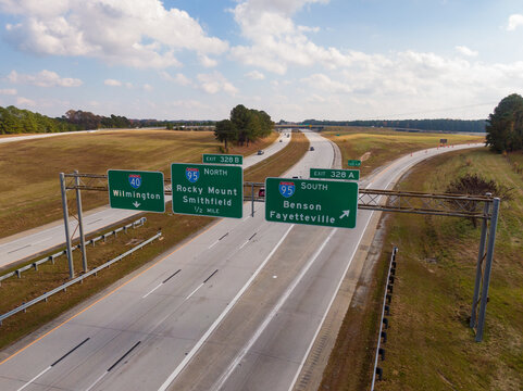 Aerial Drone View of Highway Signage for I-40 Wilmington and I-95 North/South Junction in North Carolina: Transportation, Travel, Logistics, Infrastructure