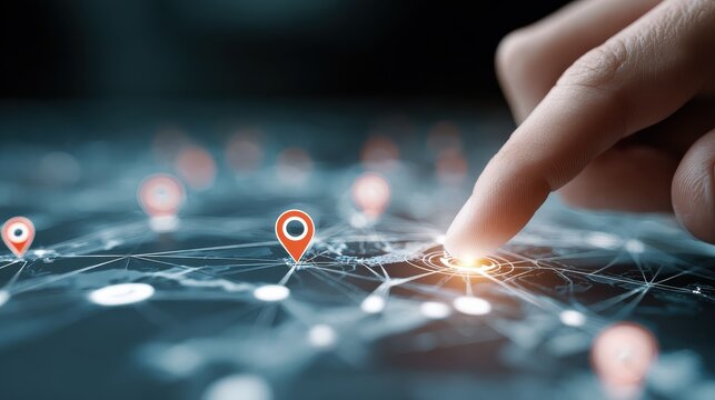 hand interacting with a digital map interface showing location pins and connections