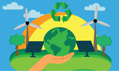 Save Earth Renewable Energy Illustration | Eco Friendly Solar Power, Wind Turbine, Recycling & Sustainability Concept | Green Energy Environment Protection Design