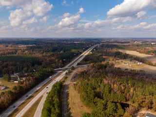 Panoramic Aerial View of the I-40 and I-95 Cloverleaf Interchange and Junction in Rural North Carolina: Travel, Transportation, Engineering, Infrastructure