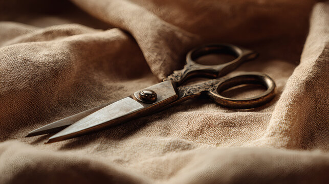 A pair of vintage scissors resting on a textured, beige fabric, creating a crafting or sewing themed image.