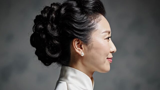 Elegant Asian Woman Profile - This is a profile shot of an elegant Asian woman with a sophisticated updo and pearl earring, smiling gently.