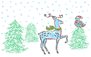 Santa's Christmas reindeer in red green scarf with tit bird. Crayon like child`s hand drawn cute fairy scene in snow forest. Pastel chalk pencil kids art flat cartoon doodle style. Vector simple deer