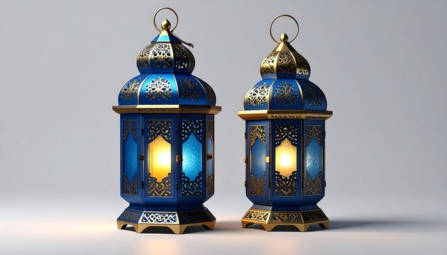 Two ornate blue and gold lanterns with intricate patterns and illuminated lights sit against a white backdrop