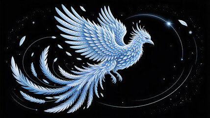 Elegant Blue Phoenix Illustration on Black Background with Stars, Fantasy Bird with Detailed Feathers and Celestial Accents for Mythical Art