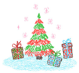 Christmas funny space area. Tree with holiday gift present box and sparks. Crayon, pastel chalk or pencil kids hand drawing sketch doodle style. Cartoon flat bright scribble art scene design