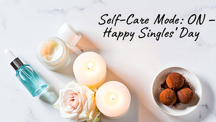 Self care mode on happy singles day with beauty products and treats on a marble background