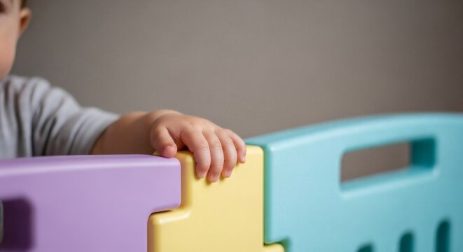 Tiny Touch Infants Hand on Colorful Playpen with Childhood exploration.