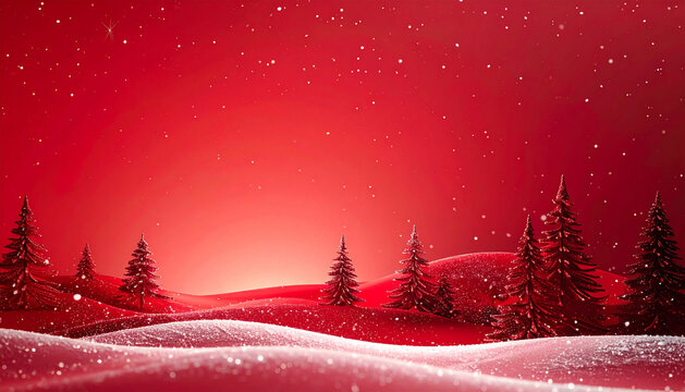 Winter Wonderland with Snow-Covered Trees and Falling Snowflakes on a Red Background. - Powered by Adobe