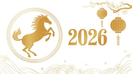 A festive image dedicated to the year 2026. It depicts the golden silhouette of a horse, symbolizing prosperity and strength.