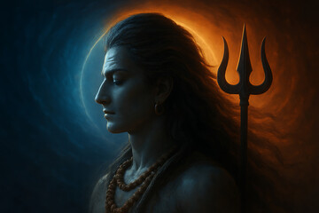 Side profile of powerful mahadev shiva with long flowing hair holding a golden trishul against a vibrant mystical blue and orange cosmic background for shivratri