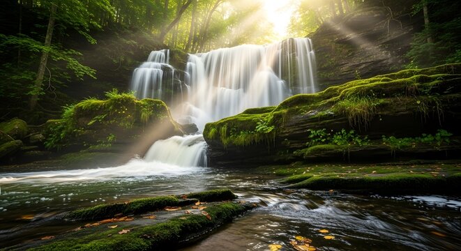 Beautiful waterfall landscape photography nature forest scenery stream flowing water sunlight scenic view