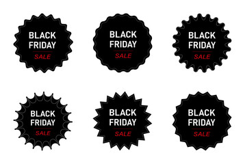 Black Friday sale labels set with various badge shapes on white background for retail and marketing design