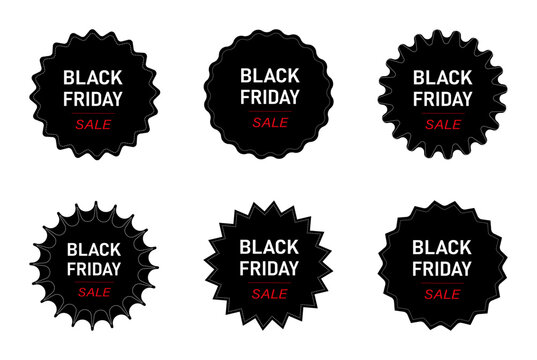 Black Friday sale labels set with various badge shapes on white background for retail and marketing design